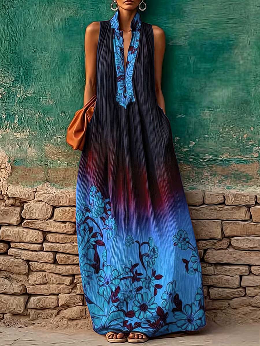 Women's Casual Loose Cotton-linen Dress — V-neck Sleeveless With Placement Print