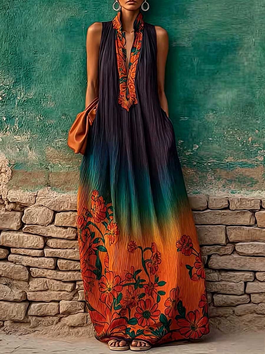 Women's Casual Loose Cotton-linen Dress — V-neck Sleeveless With Placement Print