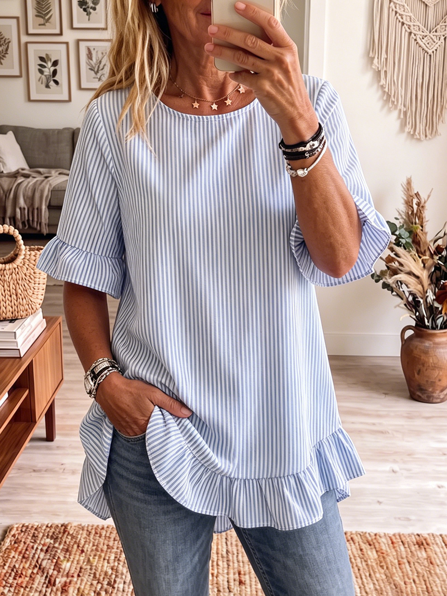 Casual Striped Ruffled Blouse
