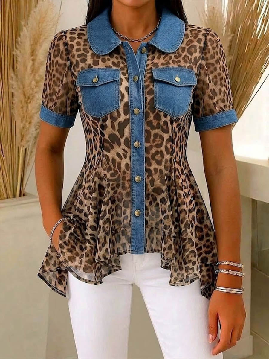 Women's Leopard Print Peter Pan Collar Short-sleeve Casual Loose Denim Cardigan With Chiffon Panels