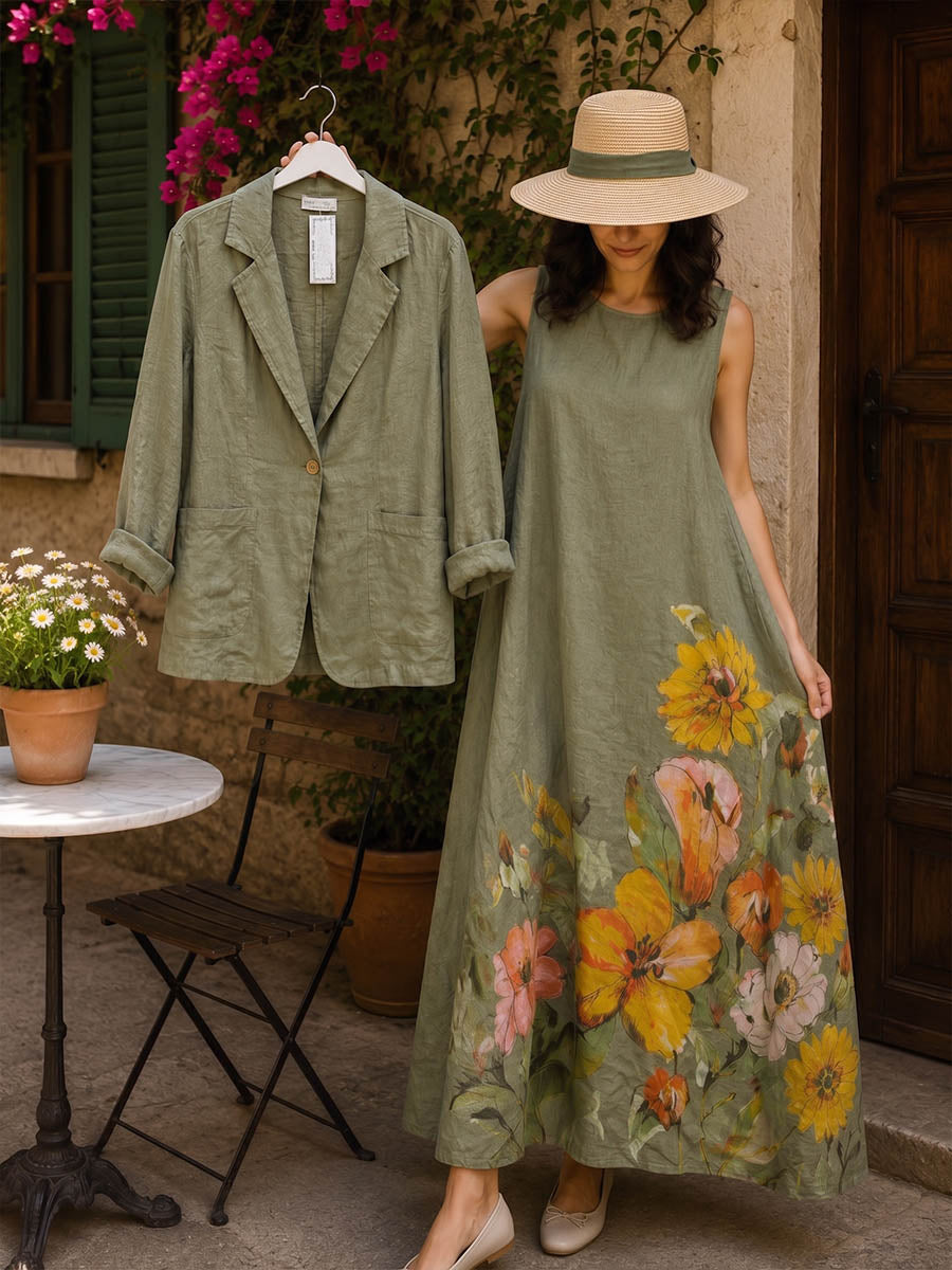 Women's Crew-neck Sleeveless Casual Loose Cotton-linen Dress With Placement Print And Solid-color Long-sleeve Cotton-linen Cardigan Set