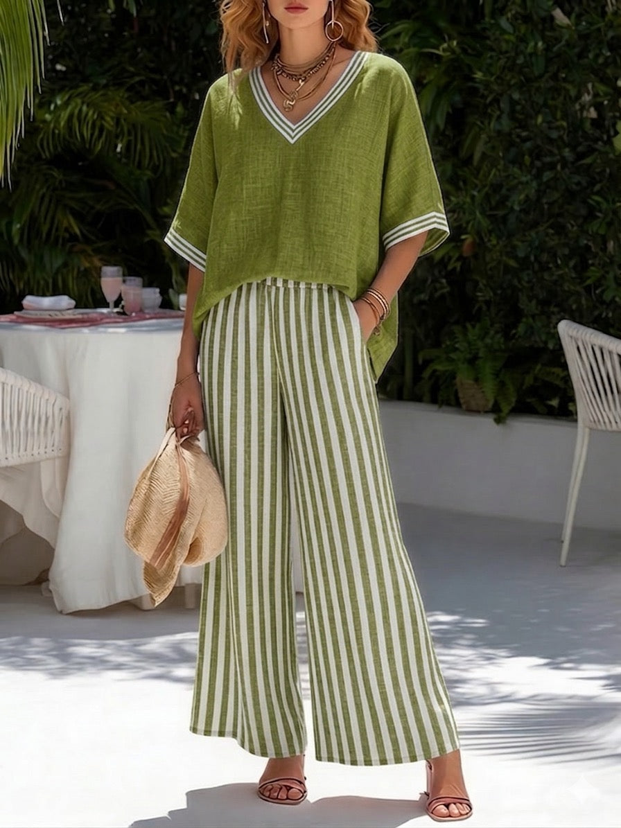 Casual Two-piece Set: Striped Linen & Cotton Patchwork Top And Striped Trousers— Look Put Together in 5 Seconds