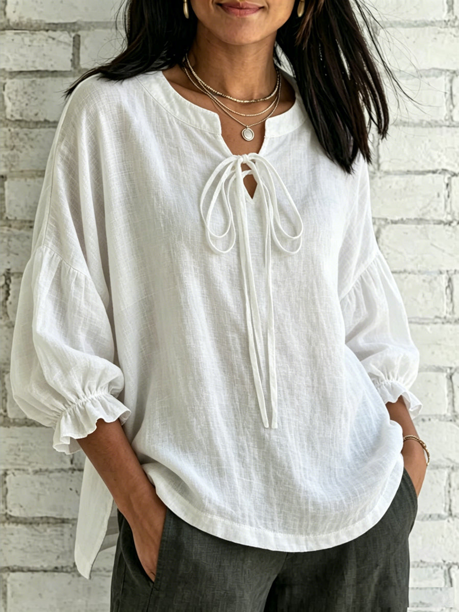 Women's Lace-up V-neck Puff Sleeve Cotton-linen Shirt