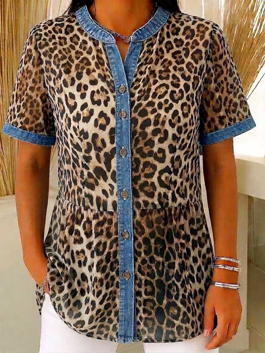 Women's Leopard Print Stand-collar Short-sleeve Casual Loose Denim Cardigan With Chiffon Paneling