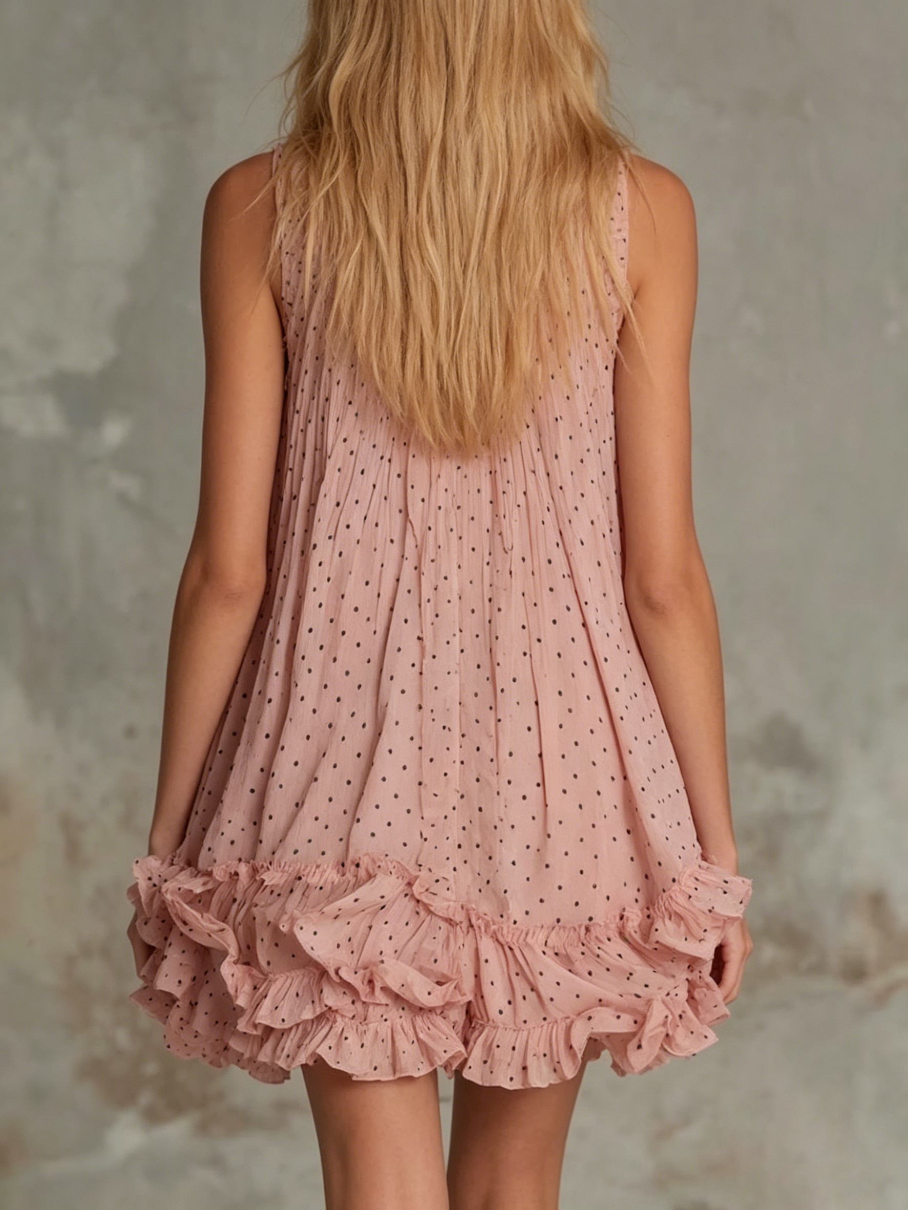 Polka-dot Sleeveless Halter-neck Cropped Dress With Lettuce-edge Detailing And A Single-breasted Front.