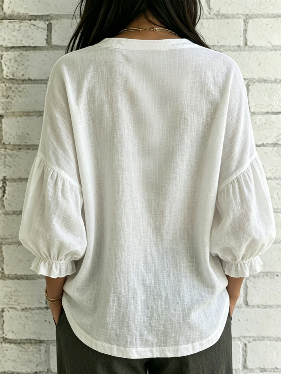 Women's Lace-up V-neck Puff Sleeve Cotton-linen Shirt