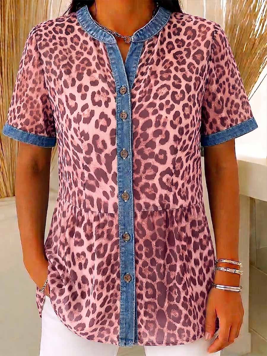 Women's Leopard Print Stand-collar Short-sleeve Casual Loose Denim Cardigan With Chiffon Paneling