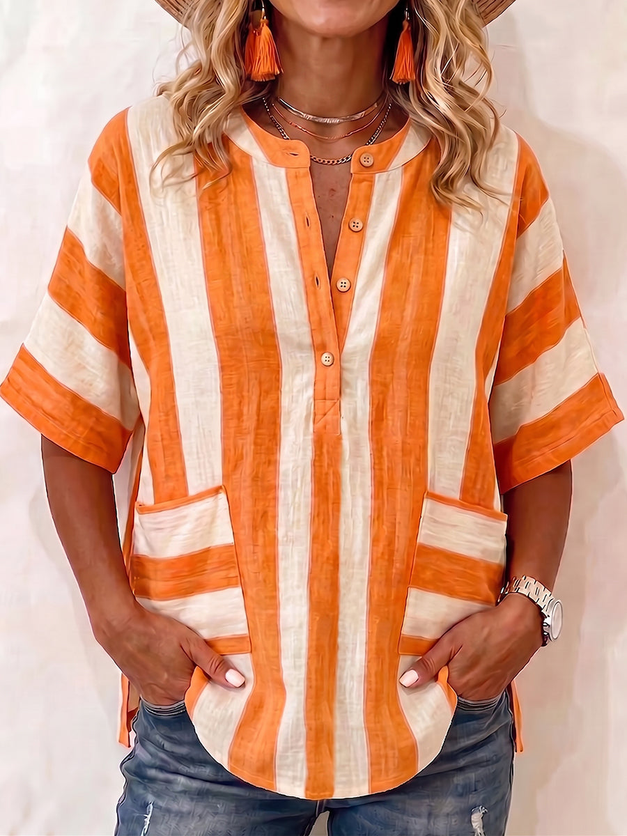 Casual Striped Cotton-linen Henley Shirt