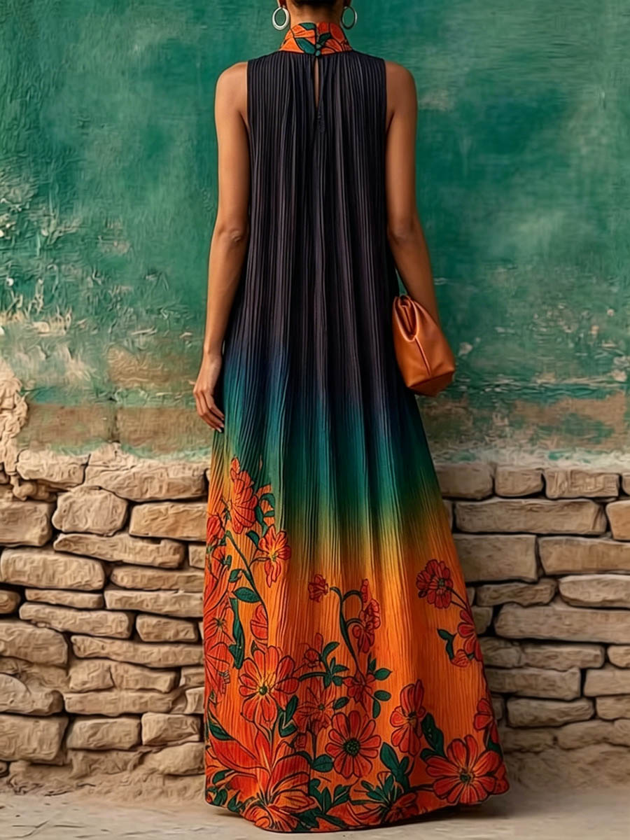 Women's Casual Loose Cotton-linen Dress — V-neck Sleeveless With Placement Print