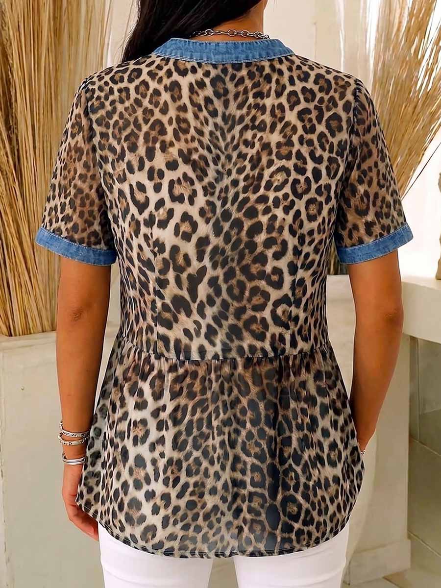 Women's Leopard Print Stand-collar Short-sleeve Casual Loose Denim Cardigan With Chiffon Paneling