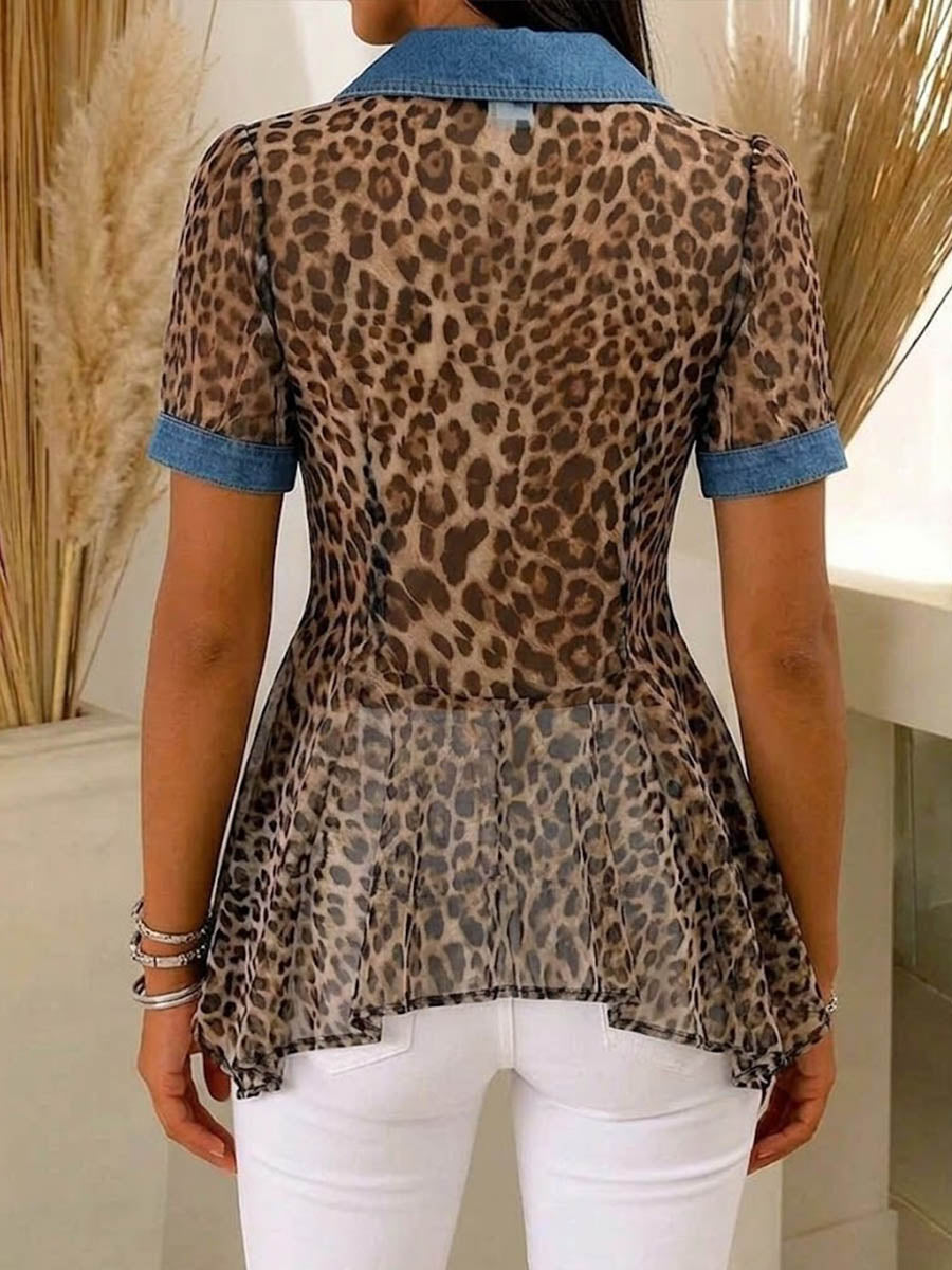 Women's Leopard Print Peter Pan Collar Short-sleeve Casual Loose Denim Cardigan With Chiffon Panels