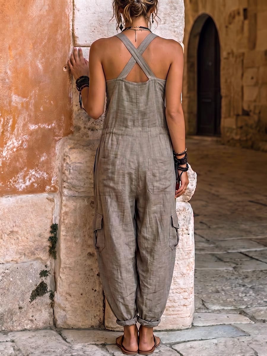 Women's Solid Color Sleeveless Casual Loose Cotton-linen Wide-leg Jumpsuit