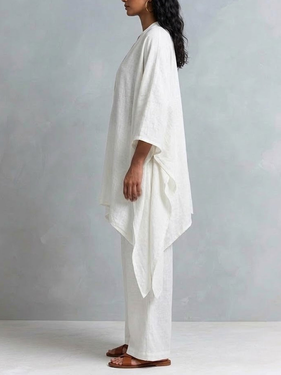 Women's Cotton-linen Asymmetrical Cardigan And Wide-leg Pants Set