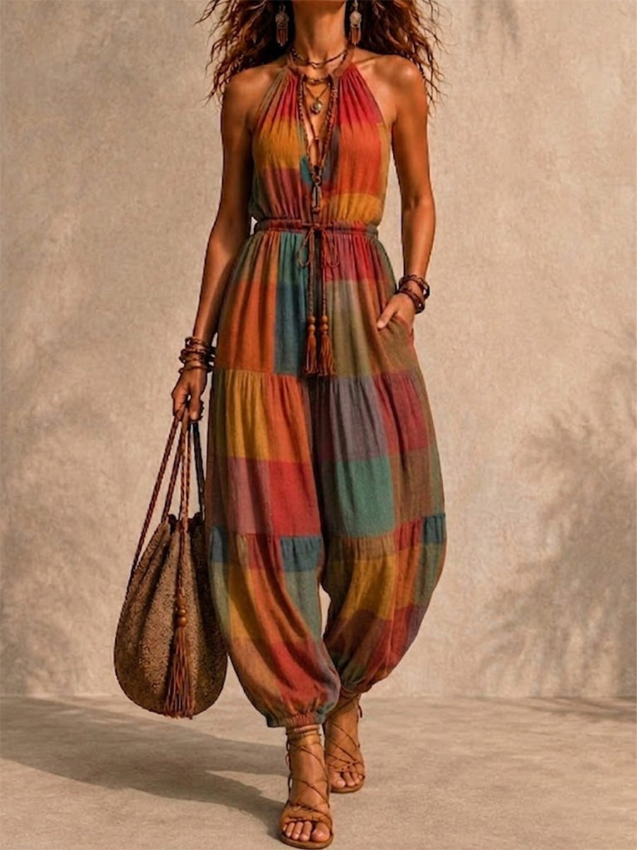 Vintage Rainbow Plaid Halter Drawstring Tiered Harem Jumpsuit