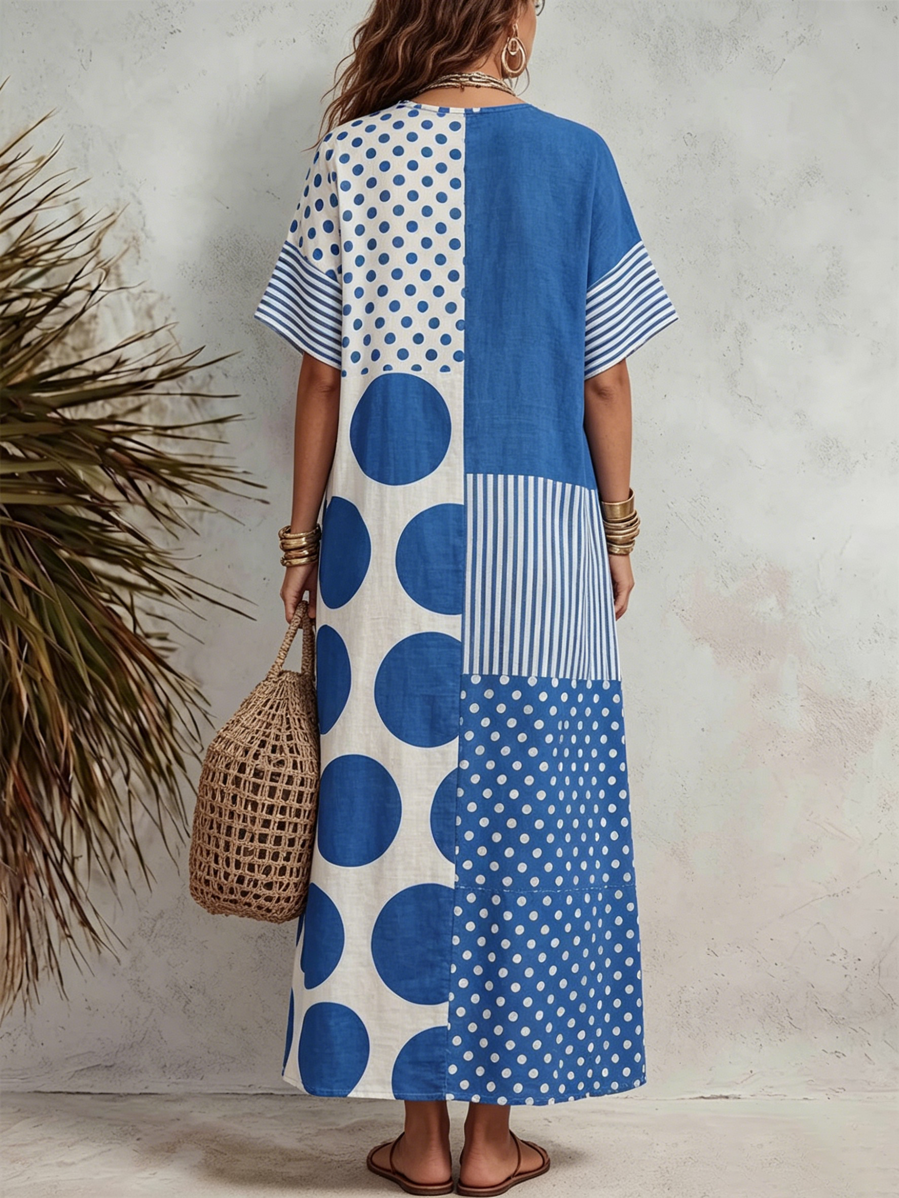 Loose-fitting Cotton Short-sleeve Dress Featuring Color-blocking, Polka Dots, And Stripes.