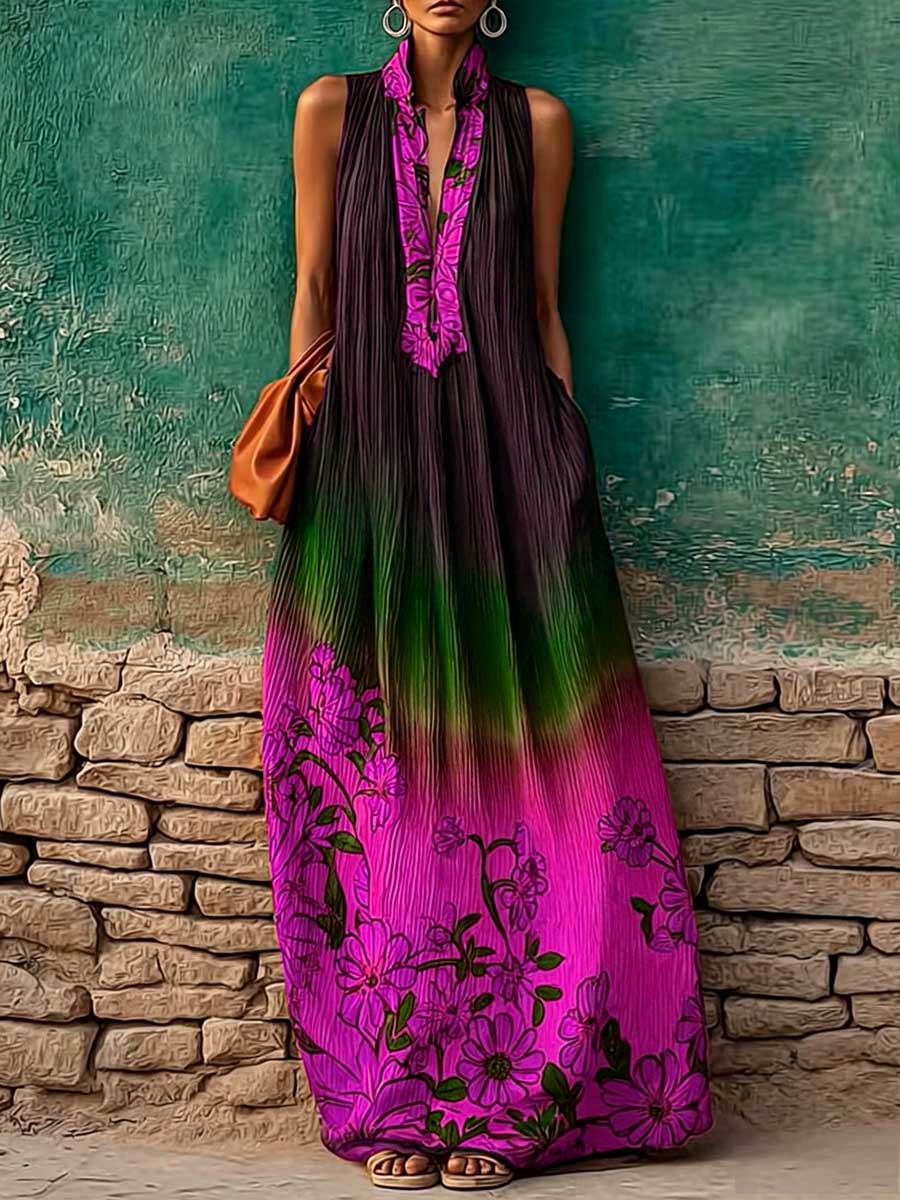 Women's Casual Loose Cotton-linen Dress — V-neck Sleeveless With Placement Print