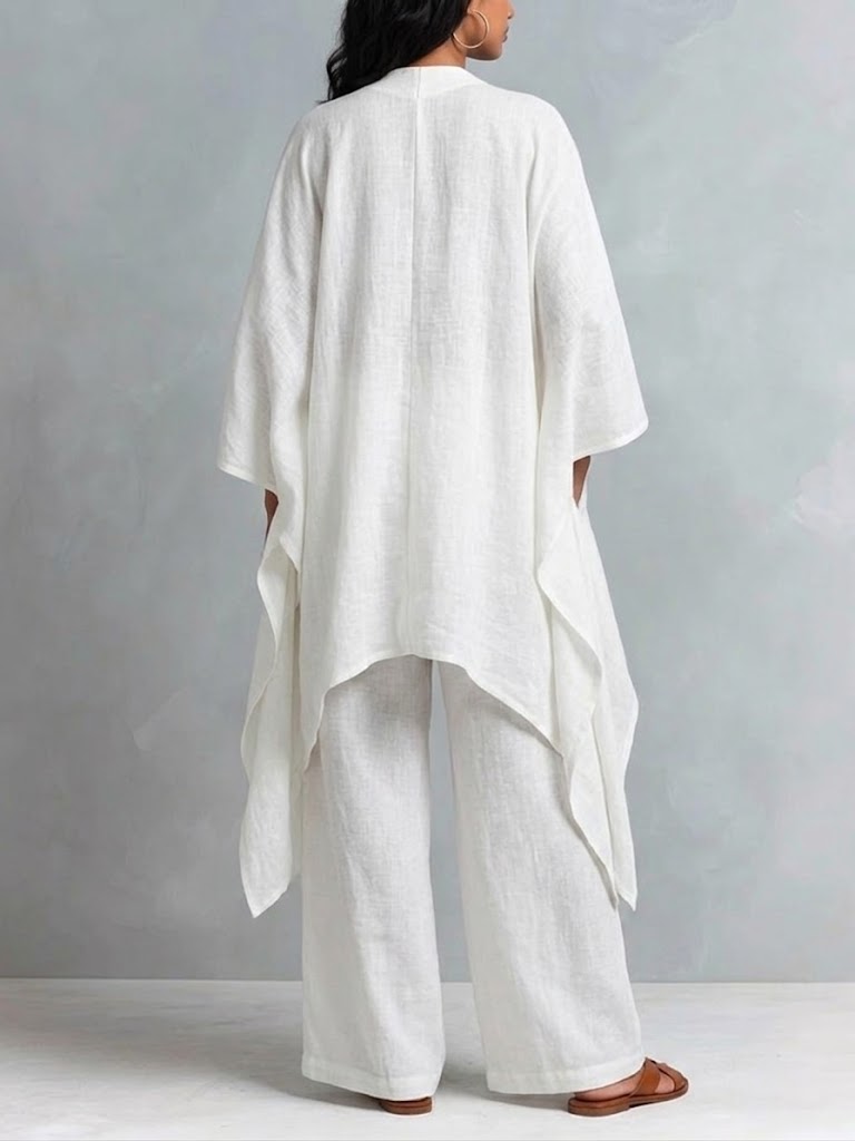 Women's Cotton-linen Asymmetrical Cardigan And Wide-leg Pants Set