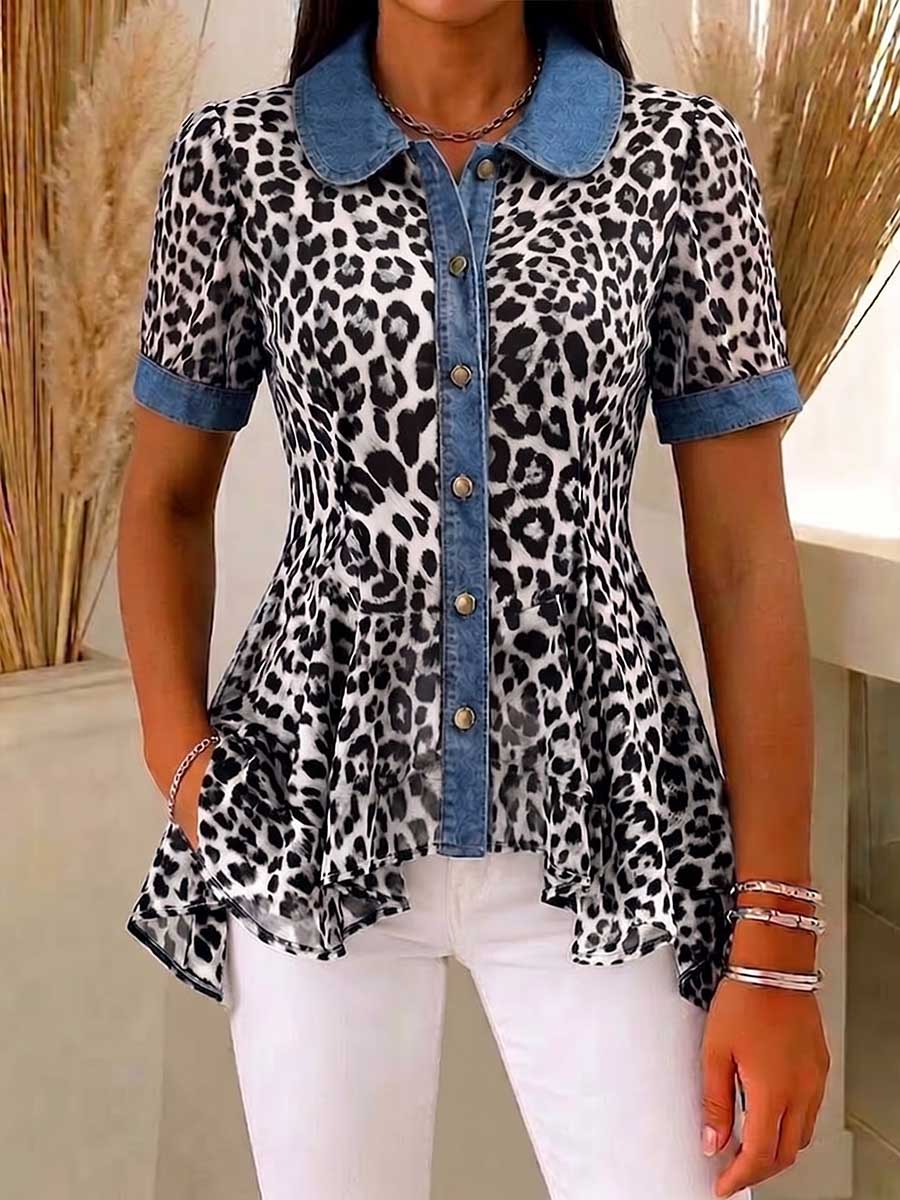 Women's Leopard Print Peter Pan Collar Short-sleeve Casual Loose Denim Cardigan With Chiffon Panels