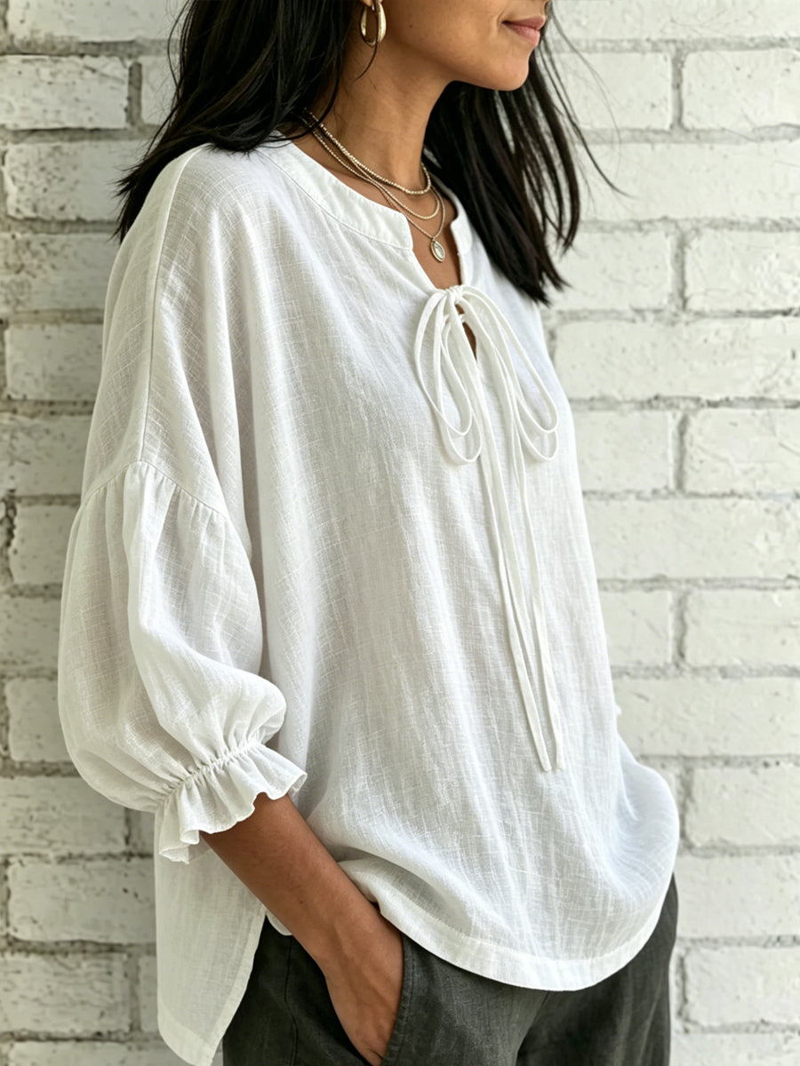 Women's Lace-up V-neck Puff Sleeve Cotton-linen Shirt