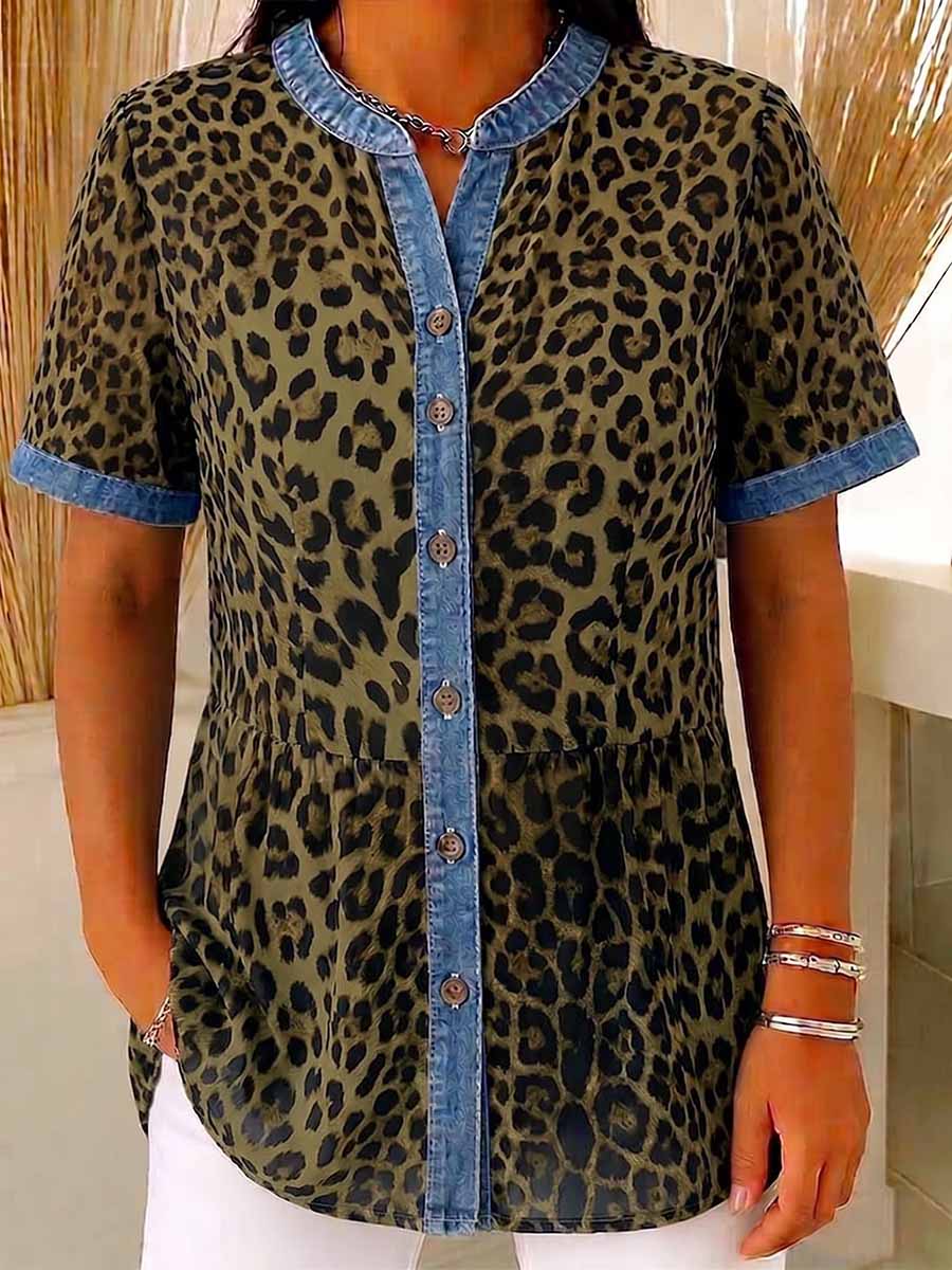 Women's Leopard Print Stand-collar Short-sleeve Casual Loose Denim Cardigan With Chiffon Paneling