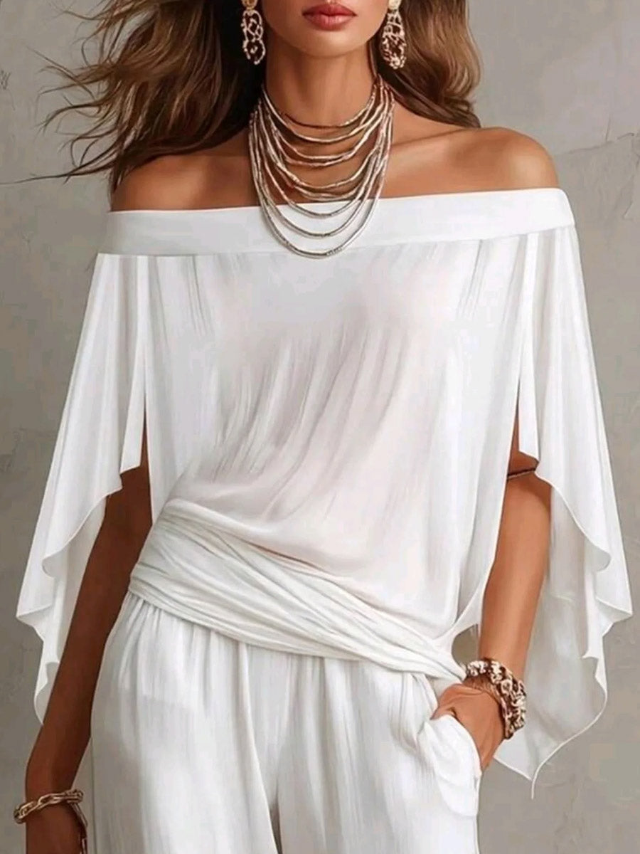 Women's Solid-color Off-shoulder Short-sleeve Casual Loose Cotton Top