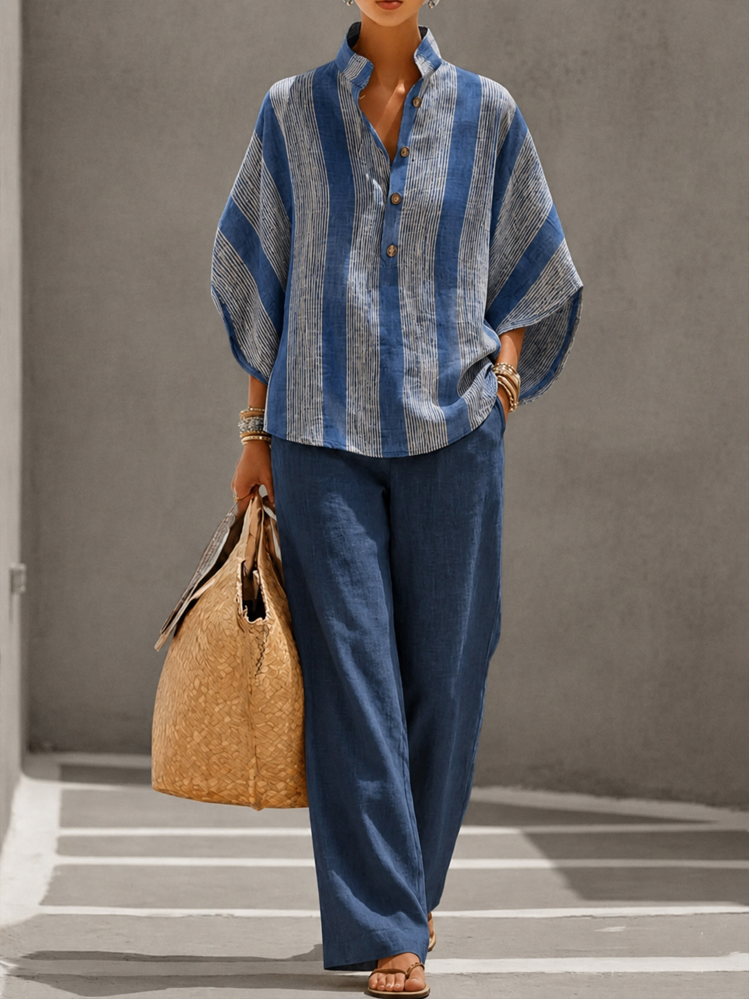 Casual Striped Linen-cotton Top And Solid-color Trousers Two-piece Set