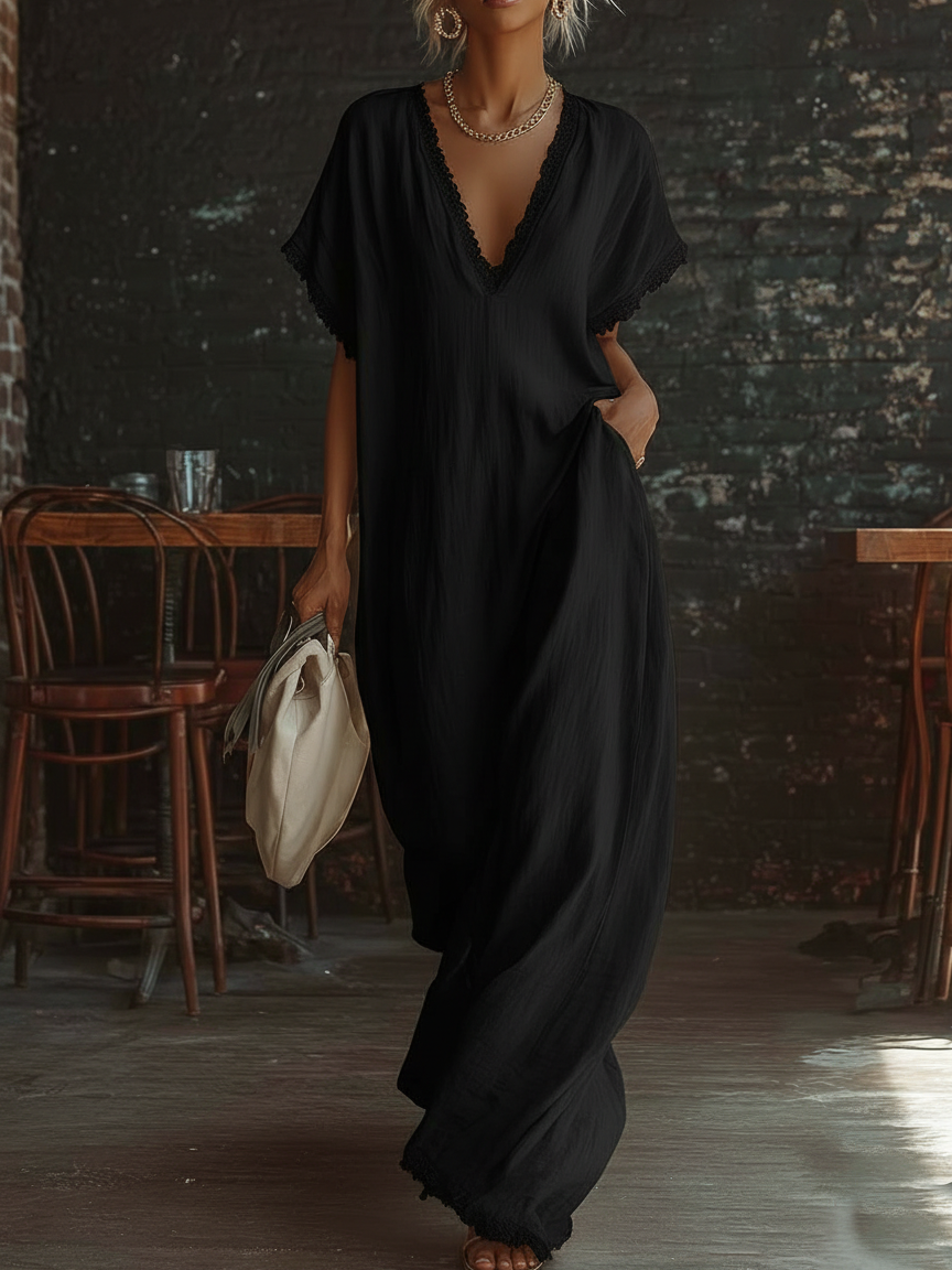 – Elegant Cozy Lace-trimmed Loose Linen-cotton Maxi Dress