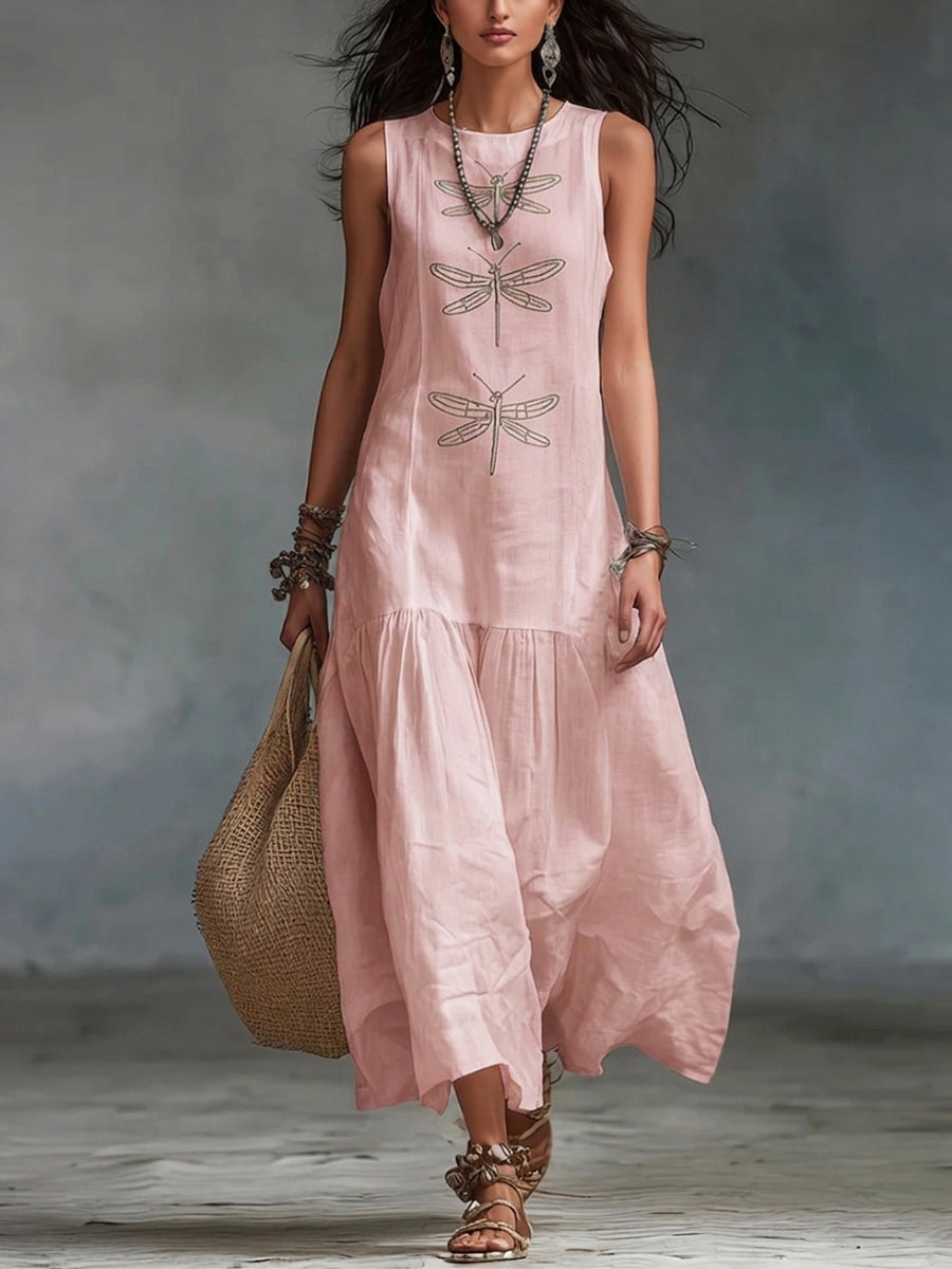 Retro Boho Dragonfly-print Cotton-linen Maxi Dress