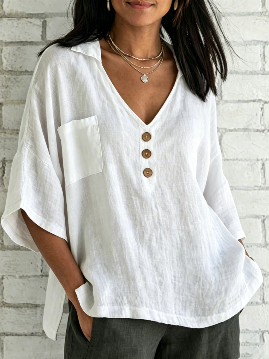 Women's Loose Cotton-linen V-neck Short-sleeve Shirt