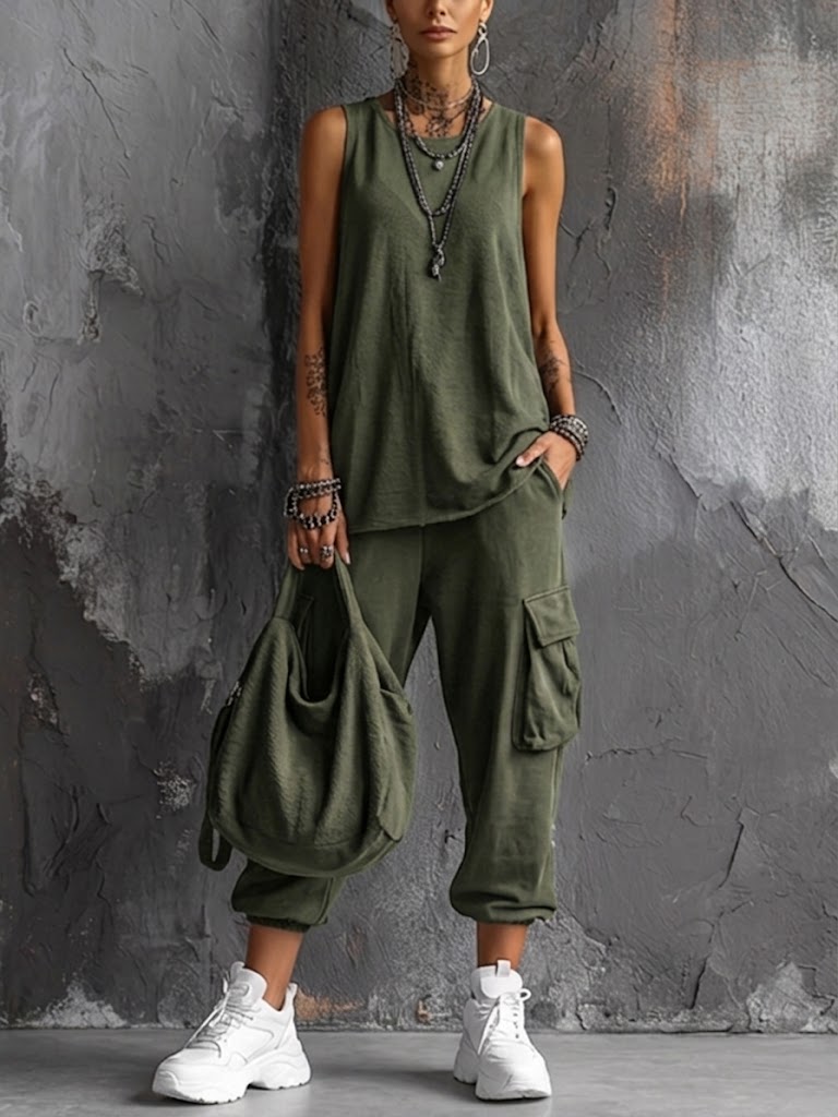 Hot Sale❤️Casual Street-style Sleeveless Cotton T-shirt And Pants Two-piece Set