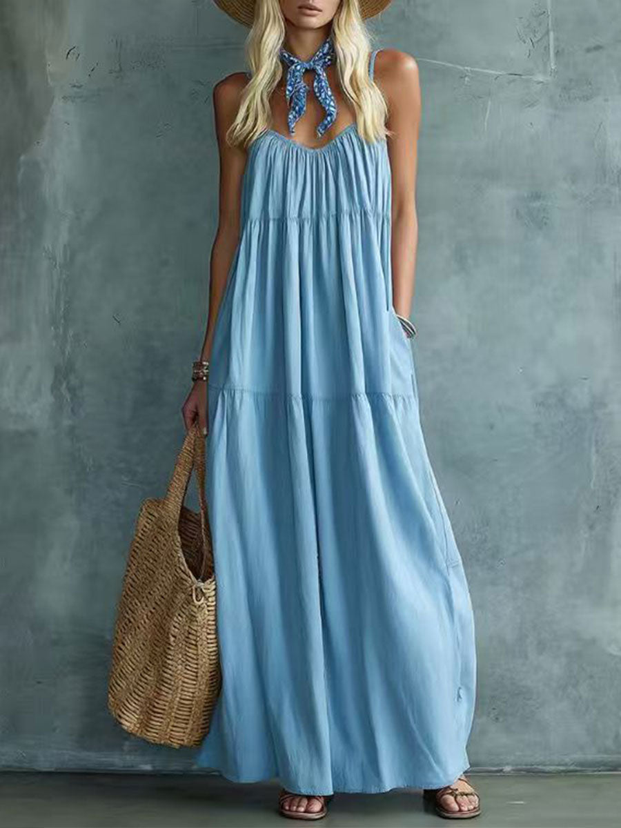 Women's Retro Bohemian-style Cotton-linen Blend Sleeveless Maxi Dress
