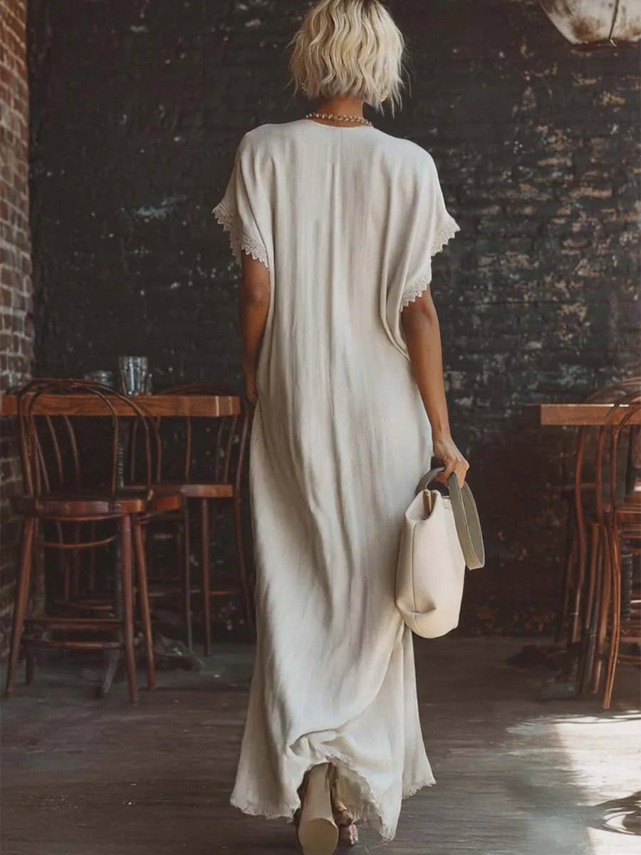 – Elegant Cozy Lace-trimmed Loose Linen-cotton Maxi Dress