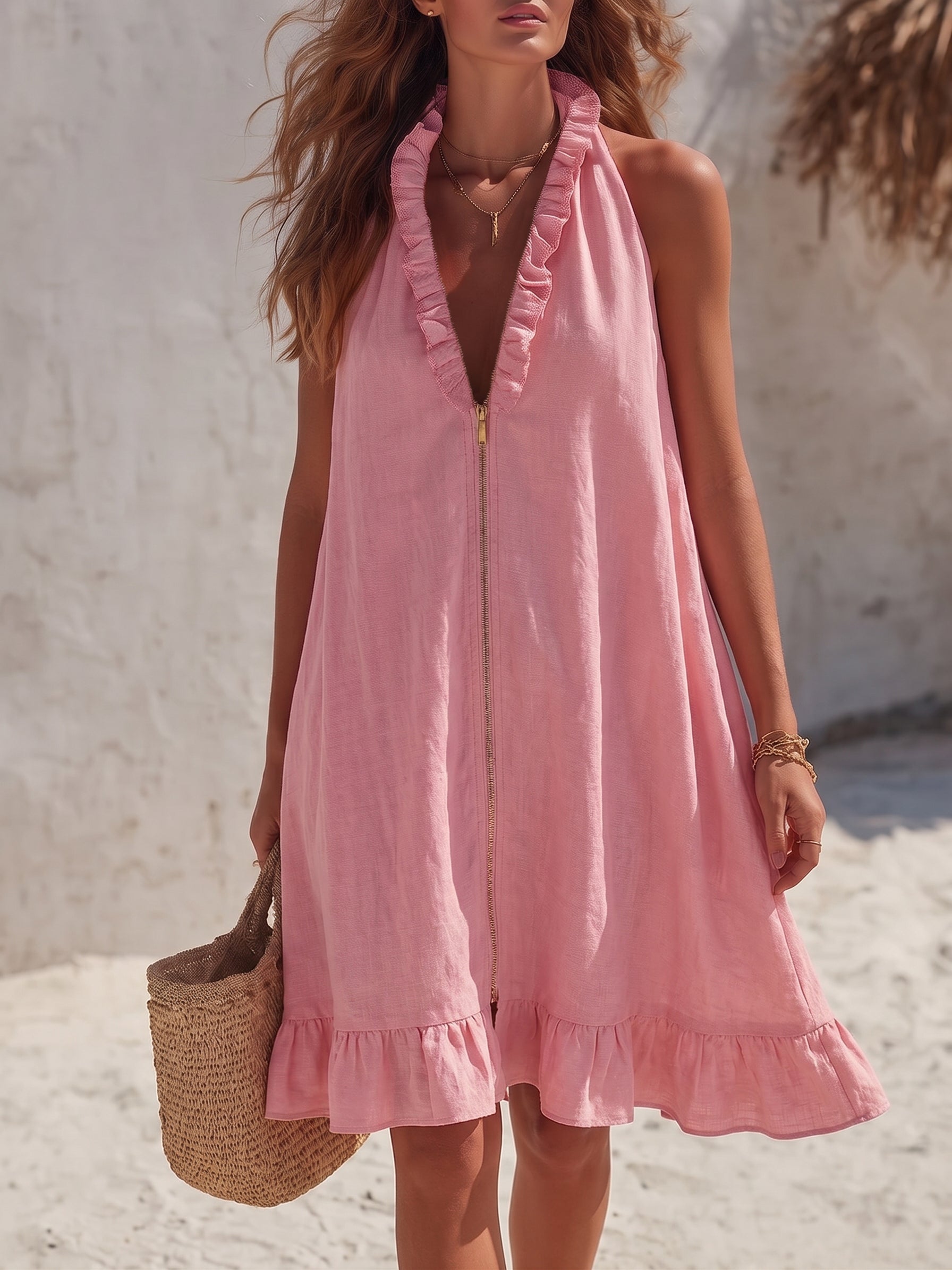 Effortless Elegance - Ruffled Zip-front Cotton-linen Dress