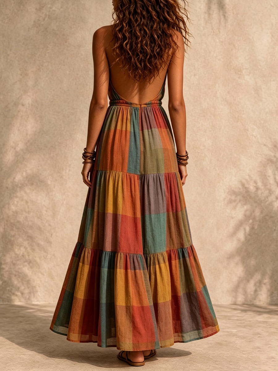 Vintage Rainbow Plaid Halter Tassel Tie Tiered Maxi Dress