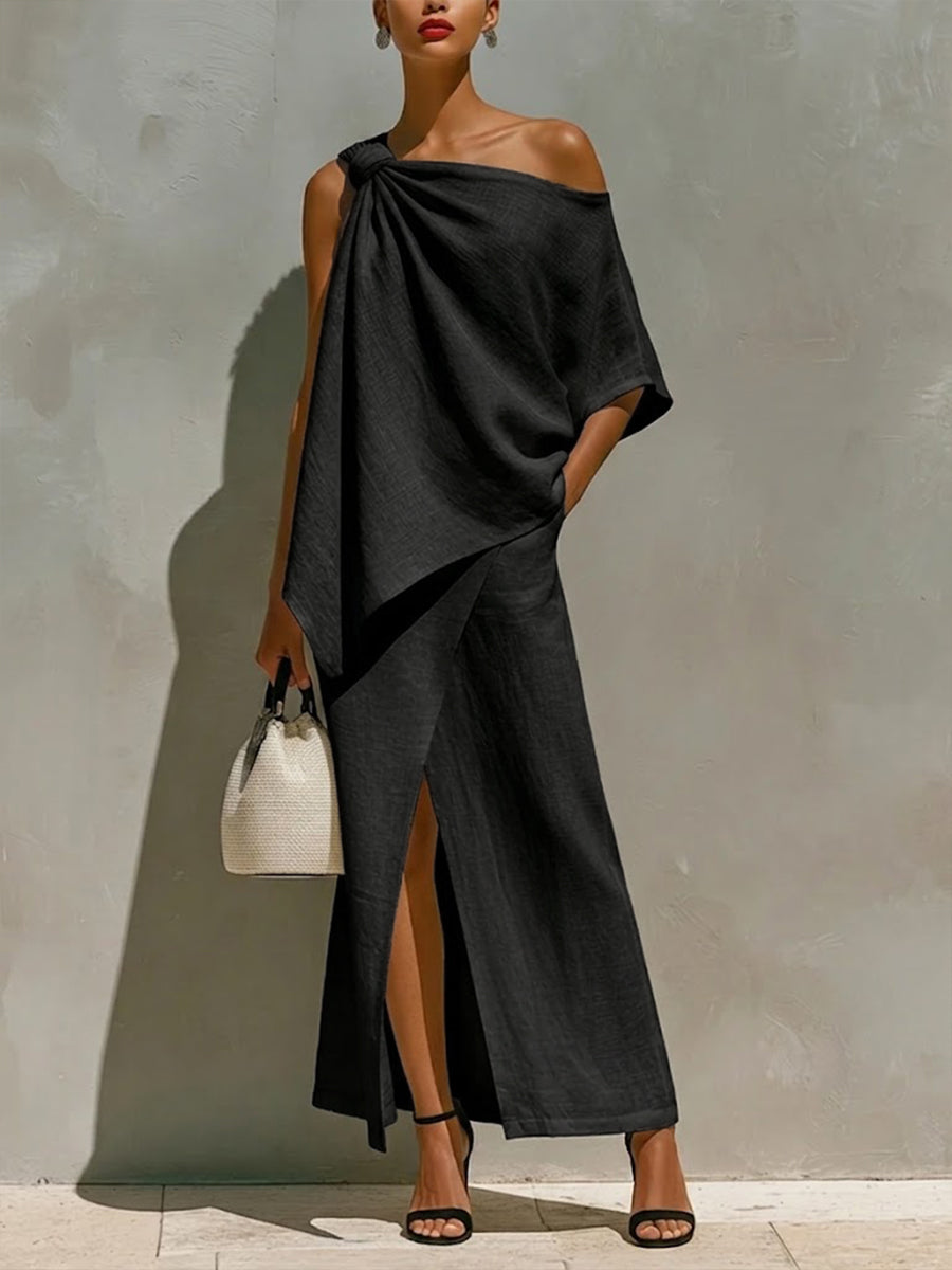 𝓕𝓪𝓷𝓴𝓲𝓽𝓽𝔂™ – Stylish Off-shoulder Linen & Cotton Top And Skirt Two-piece Set