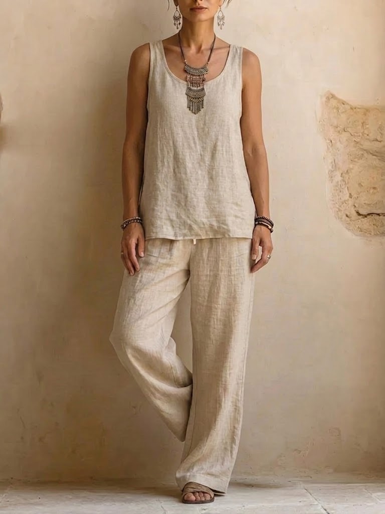 A Three-piece Set Featuring A Casual Cotton-linen Blend Cardigan, Trousers, And A Tank Top.