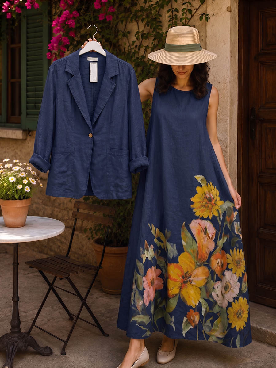 Women's Crew-neck Sleeveless Casual Loose Cotton-linen Dress With Placement Print And Solid-color Long-sleeve Cotton-linen Cardigan Set