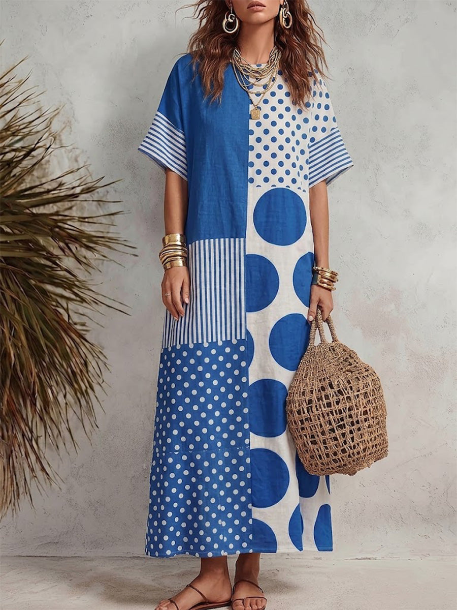 Loose-fitting Cotton Short-sleeve Dress Featuring Color-blocking, Polka Dots, And Stripes.