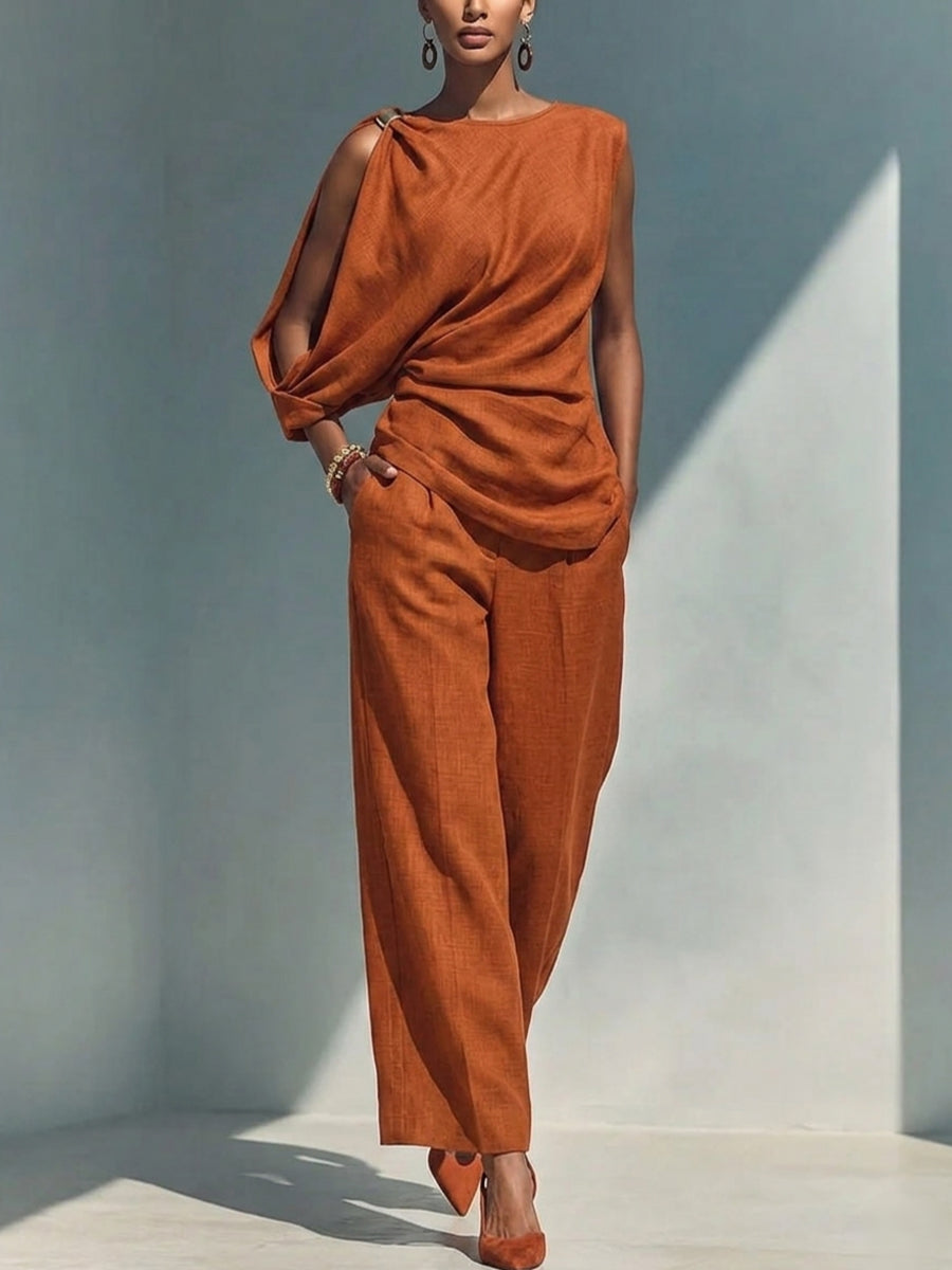 Women's Off-shoulder Irregular Cut Cotton And Linen Set
