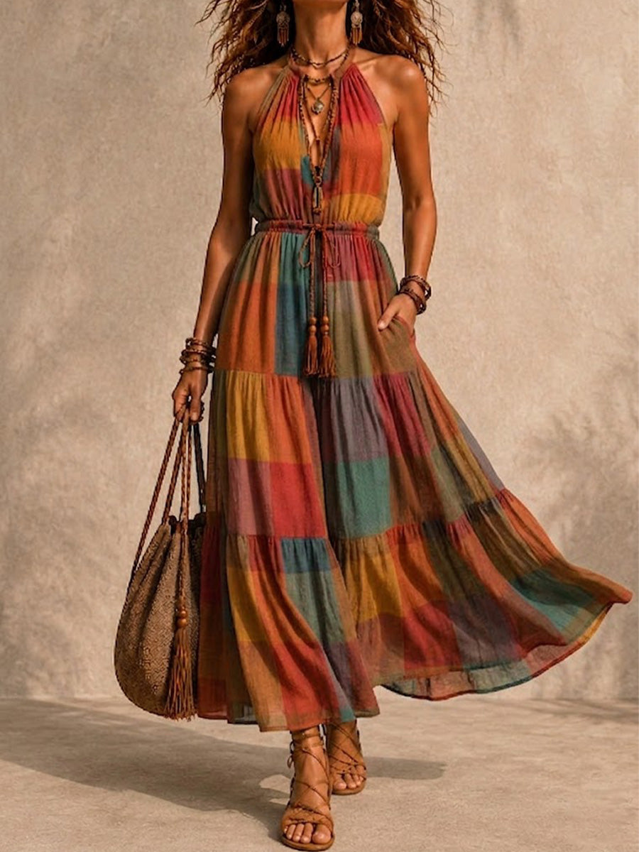 Vintage Rainbow Plaid Halter Tassel Tie Tiered Maxi Dress