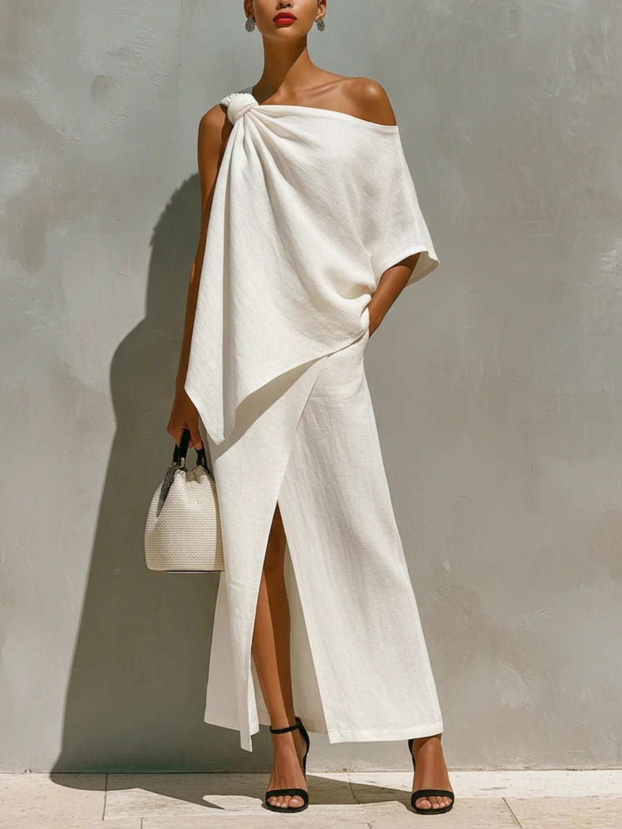𝓕𝓪𝓷𝓴𝓲𝓽𝓽𝔂™ – Stylish Off-shoulder Linen & Cotton Top And Skirt Two-piece Set