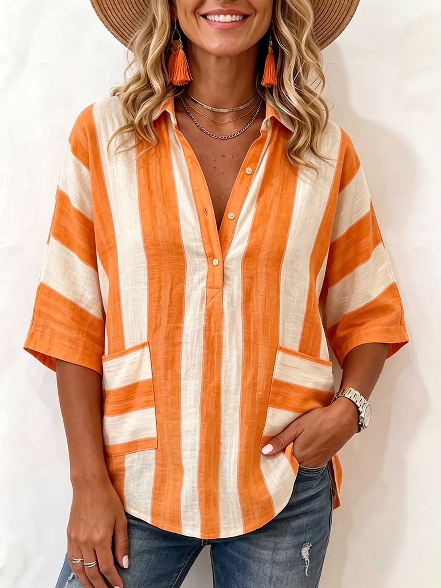 Casual Striped Cotton-linen Polo-collar Shirt