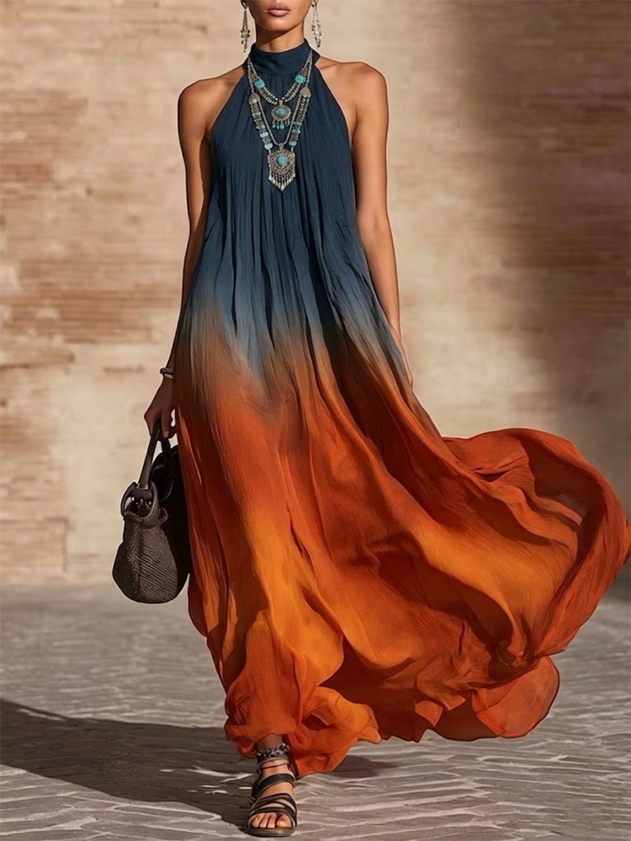 Ombré Halter-neck Sleeveless Maxi Dress With A Flowy, Full Skirt.