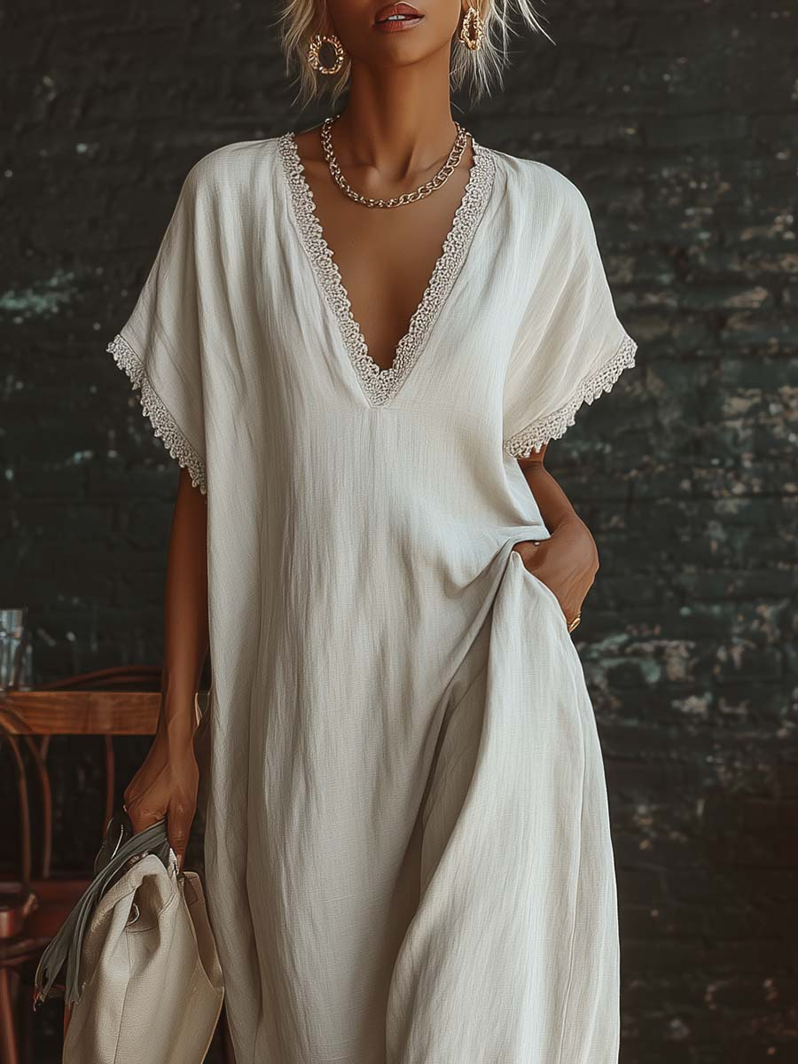 – Elegant Cozy Lace-trimmed Loose Linen-cotton Maxi Dress
