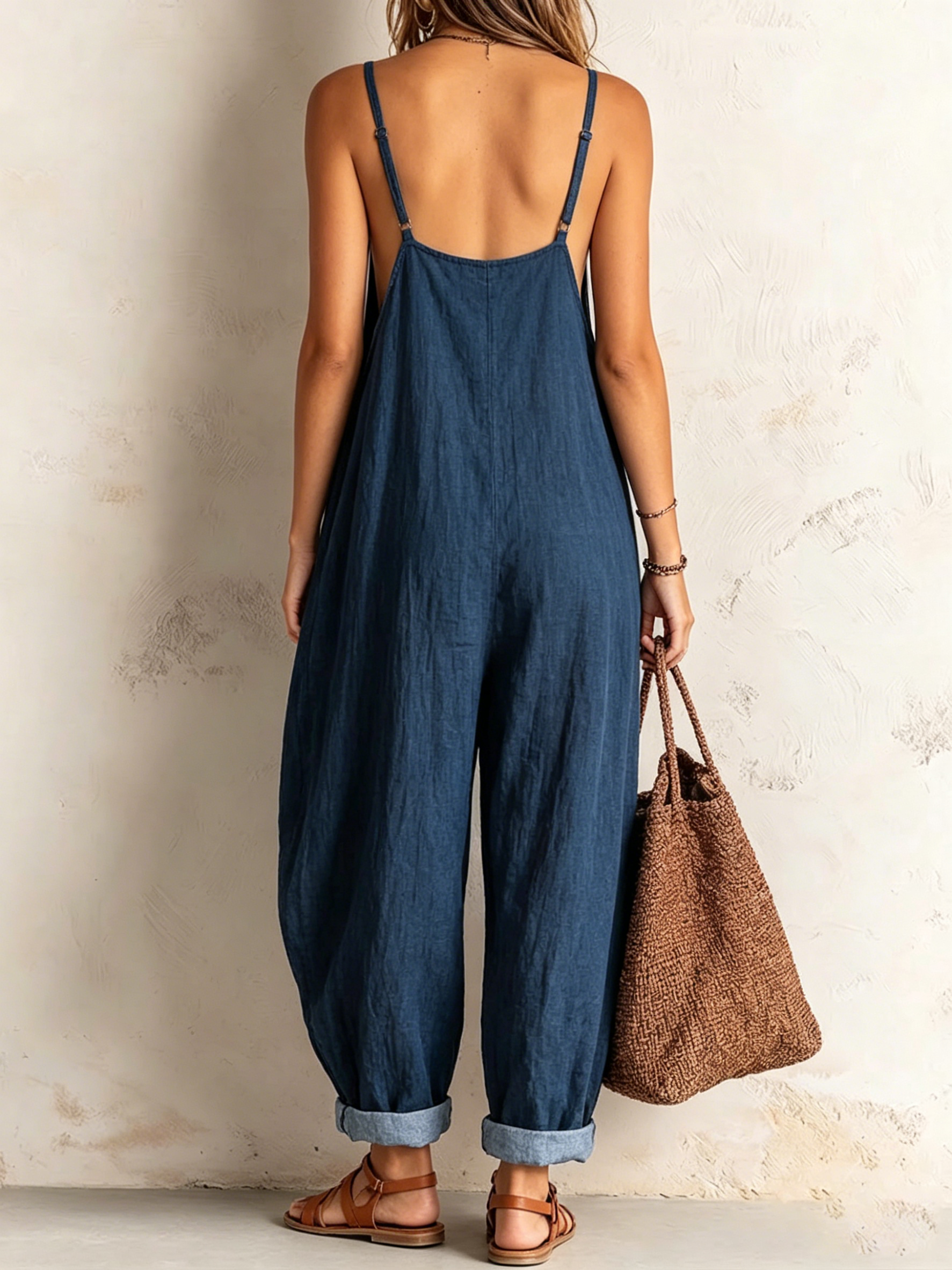 Loose-fit Cotton Jumpsuit Featuring Spaghetti Straps, A Button-front Placket With Wooden Buttons, Rolled Hems, And Cinched Cuffs.