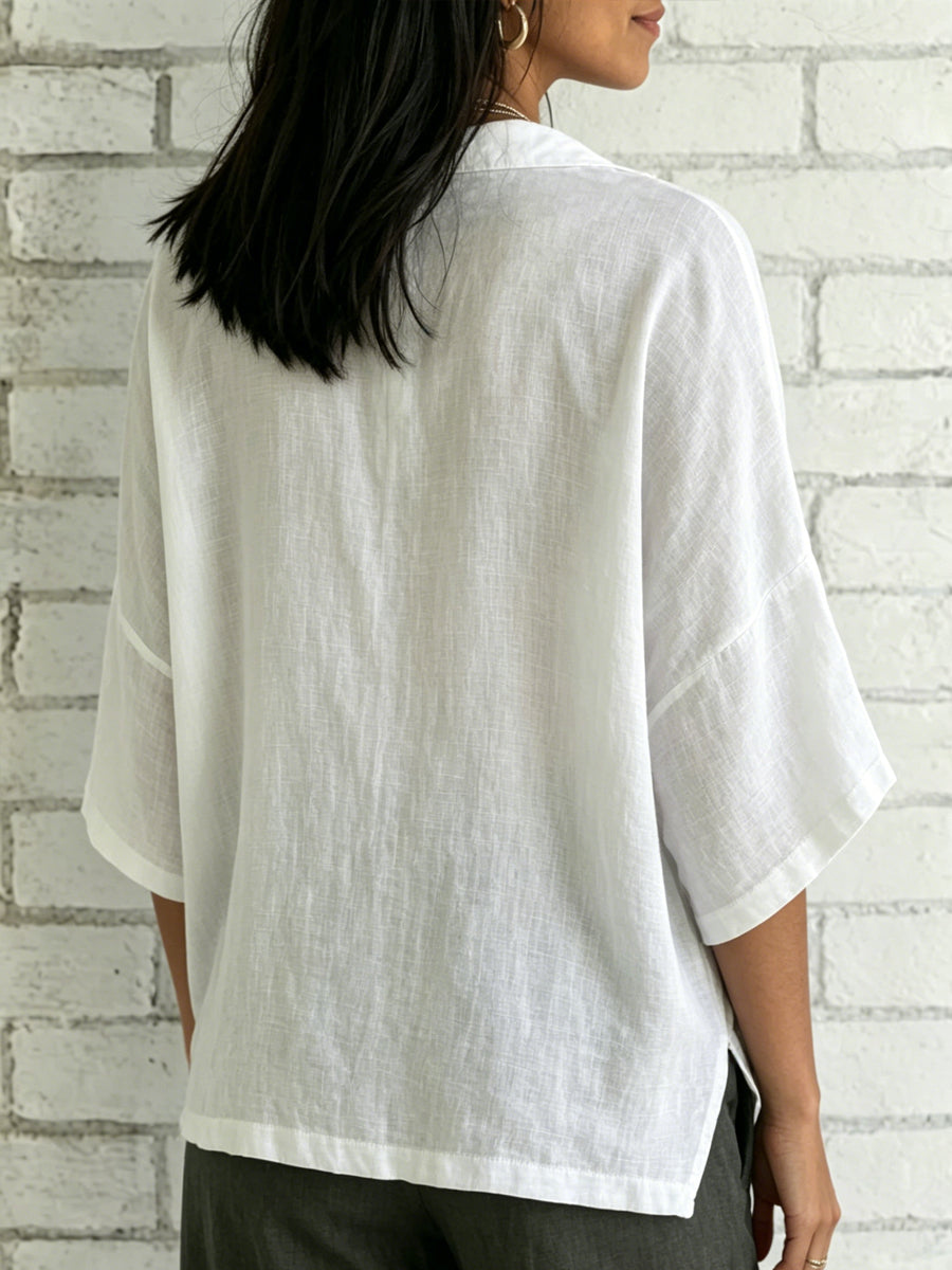 Women's Loose Cotton-linen V-neck Short-sleeve Shirt