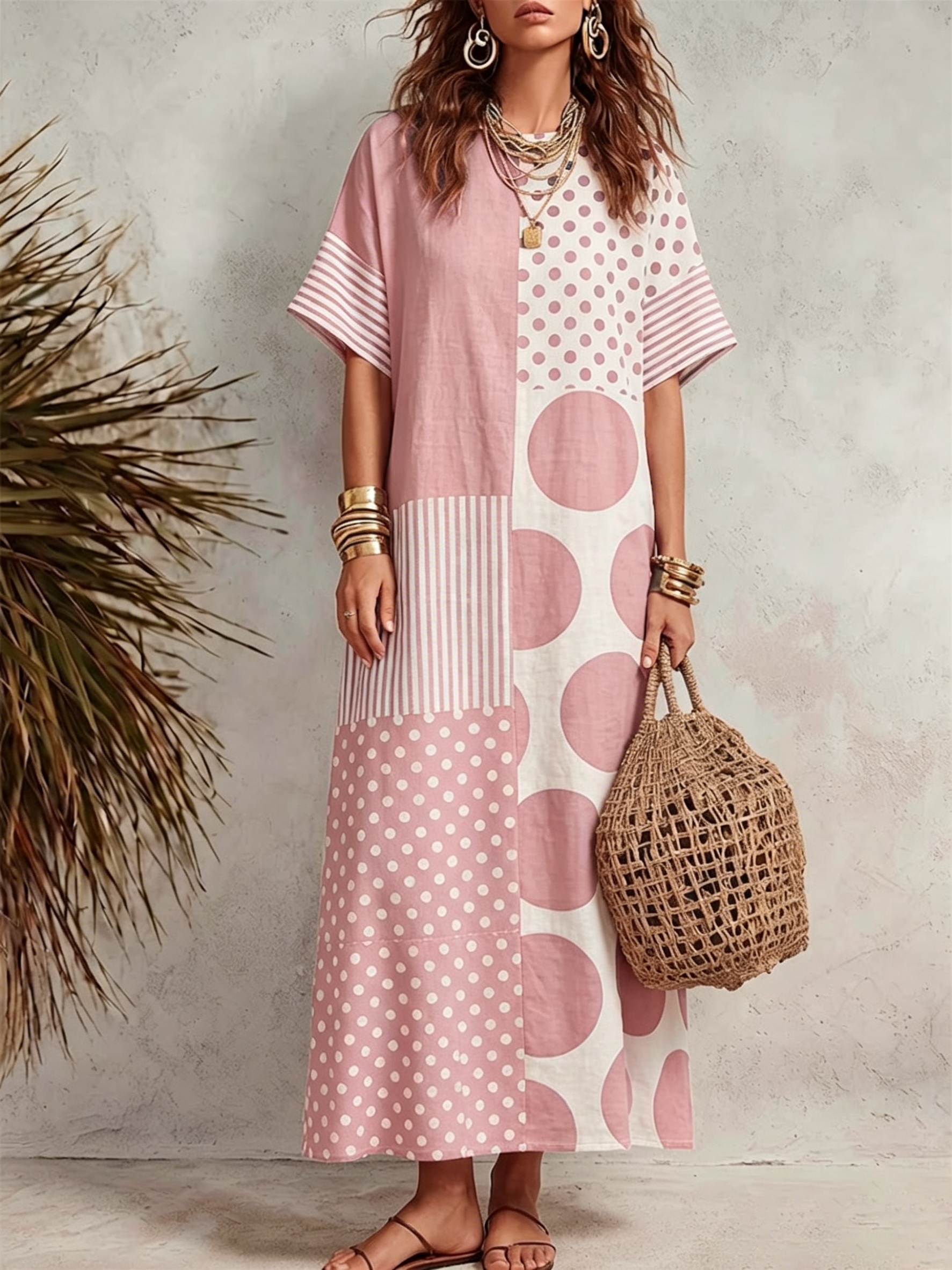 Loose-fitting Cotton Short-sleeve Dress Featuring Color-blocking, Polka Dots, And Stripes.