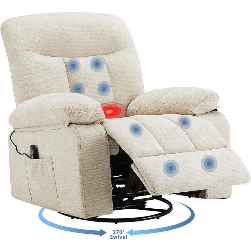Sillón reclinable mecedor, sillón giratorio con masaje vibratorio y calefacción lumbar, sillón reclinable de tela chenilla giratorio de 270° con reposapiés para sala de estar y dormitorio, artículos esenciales para dormitorios, decoración del hogar
