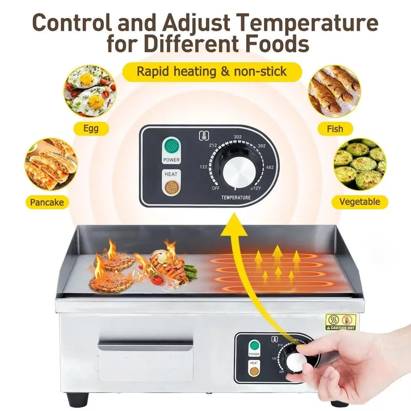 Parrillas eléctricas comerciales en tamaños de 14, 18, 22 y 30 pulgadas con potencia de 1500 W a 3000 W, superficie antiadherente de acero inoxidable y control de temperatura ajustable de 122 °F a 572 °F para uso doméstico y en restaurantes.