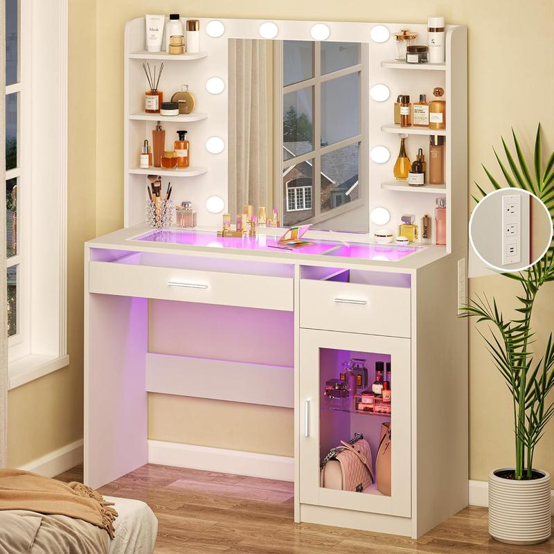 Tocador de maquillaje con espejo y luces de 3 colores, superficie transparente con 3 cajones RGB, 6 estantes, 2 armarios grandes de vidrio templado, toma de corriente, para dormitorio, blanco.
